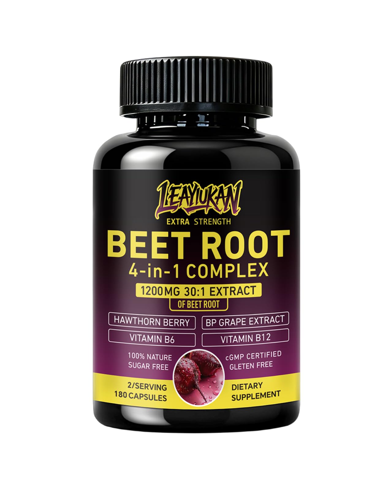 LEAYIUKAN Beet Root, 1200mg 30:1 Extract, Grape Seed & Hawthorn, 180 Capsules