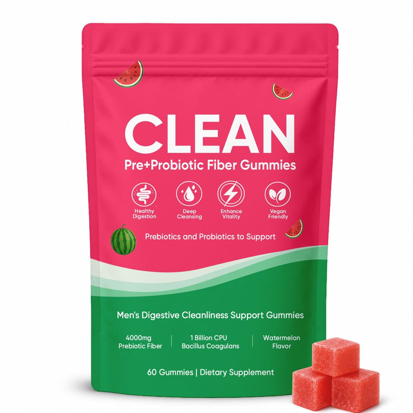 TADALAPRO Clean Prebiotic Fiber Gummies for Men, Watermelon Flavor, Sugar Free, 60 Count