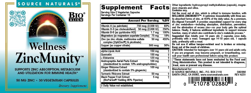 Source Naturals Wellness ZincMunity 50 mg Zinc Vegetarian Capsules, 30 Count
