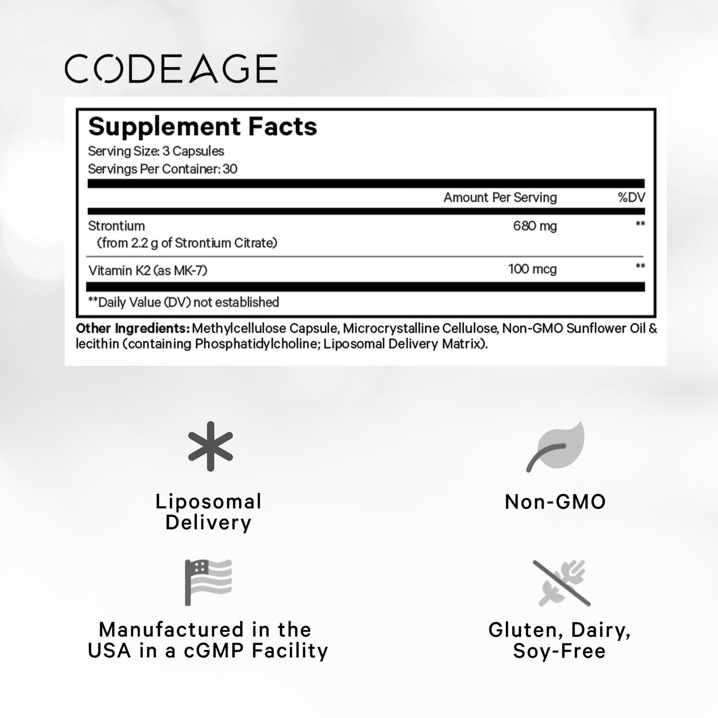 Codeage Liposomal Strontium Supplement - Strontium Citrate, Vitamin K2 MK-7, Liposomal Delivery, Non-GMO, Gluten-Free Capsules 90 Count
