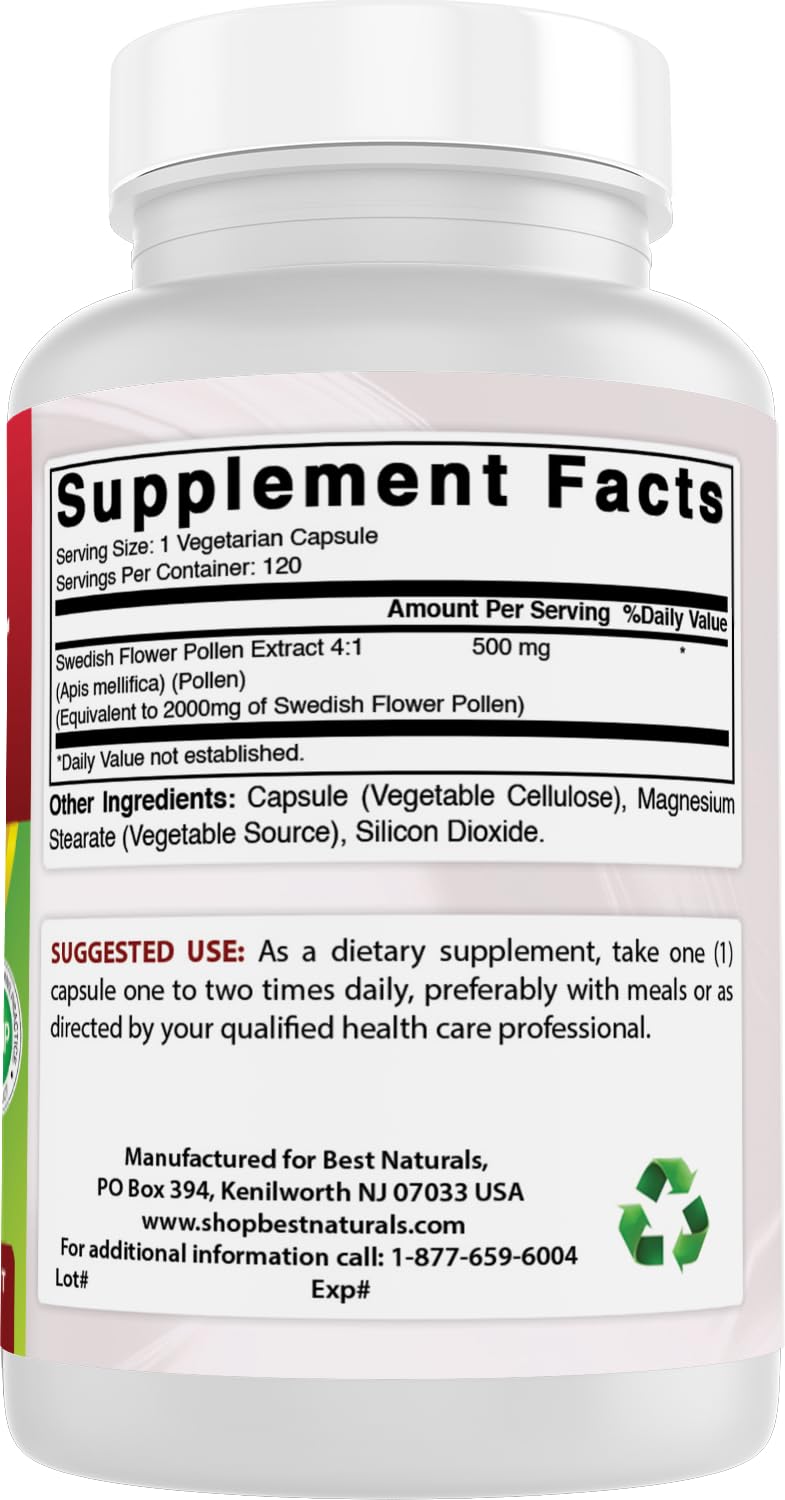 Best Naturals Swedish Flower Pollen 4:1 Extract 500 mg Capsules, 120 Capsules