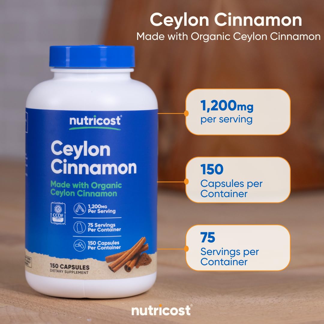 Nutricost Organic Cinnamon (Ceylon Cinnamon) 1,200mg Capsules, 300 Count