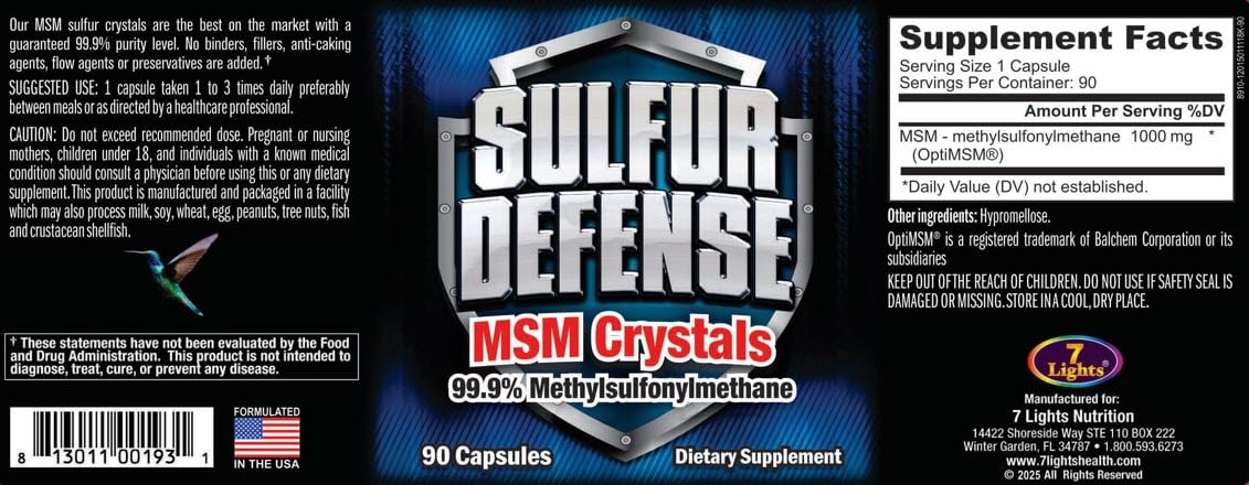 7 Lights Sulfur Defense Opti-MSM 99.9% Pure MSM Capsule, 90 Capsules