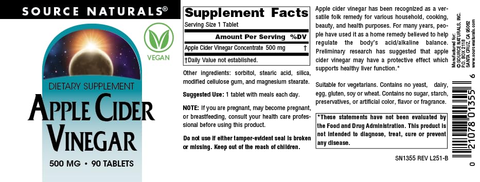 Source Naturals Apple Cider Vinegar 500 mg Dietary Supplement Tablets, 90 Count