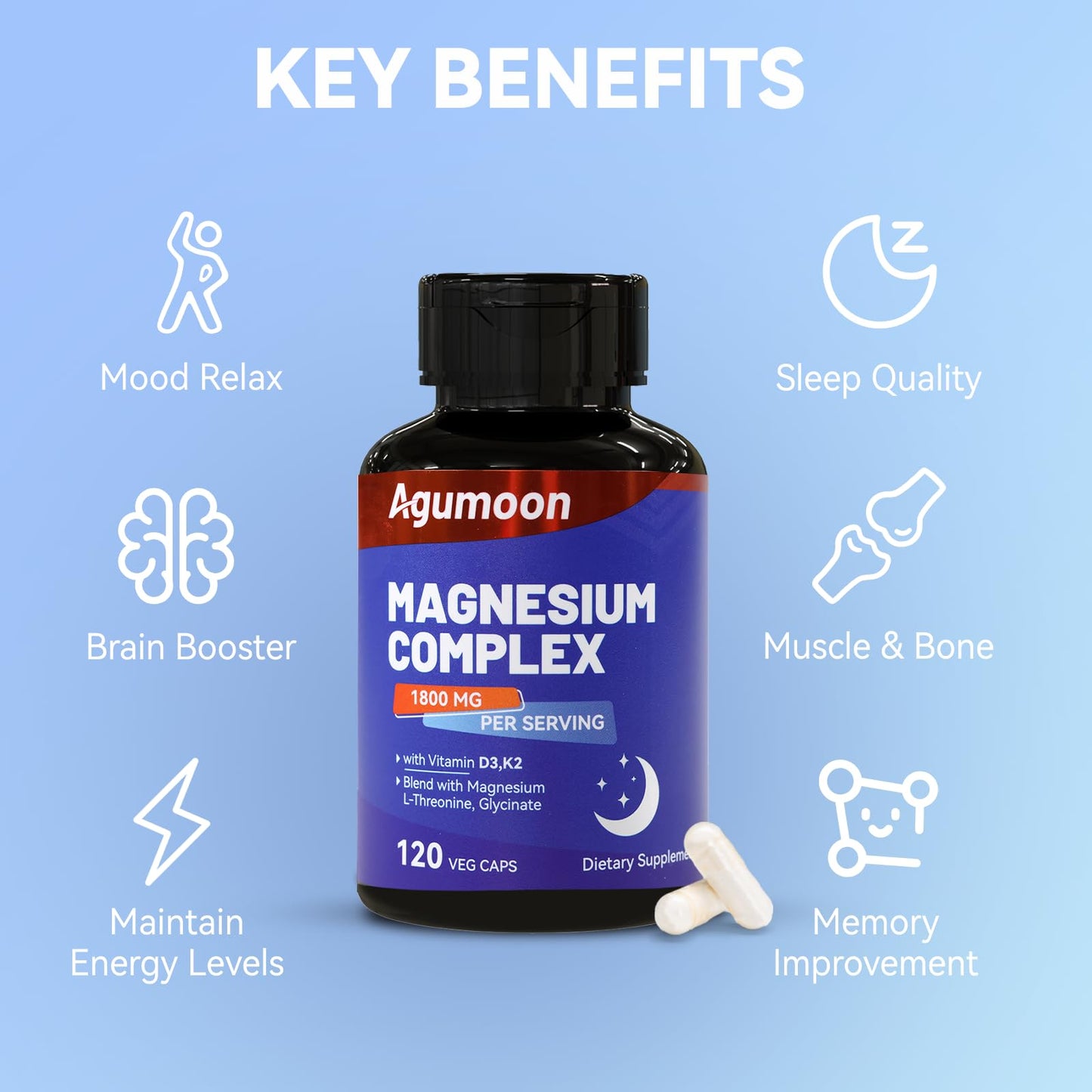 Agumoon Magnesium Supplement with Vitamin D3 & K2, Chelated Magnesium Complex 1800mg, Magnesium L-Threonine & Glycinate, 240 Capsules
