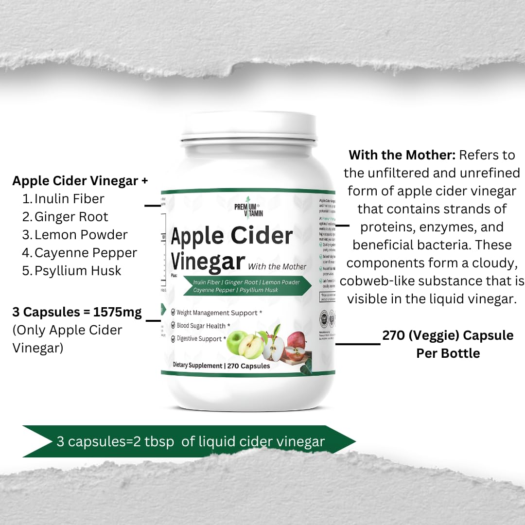 Premium Vitamin Apple Cider Vinegar Capsules 1575mg 270 Count