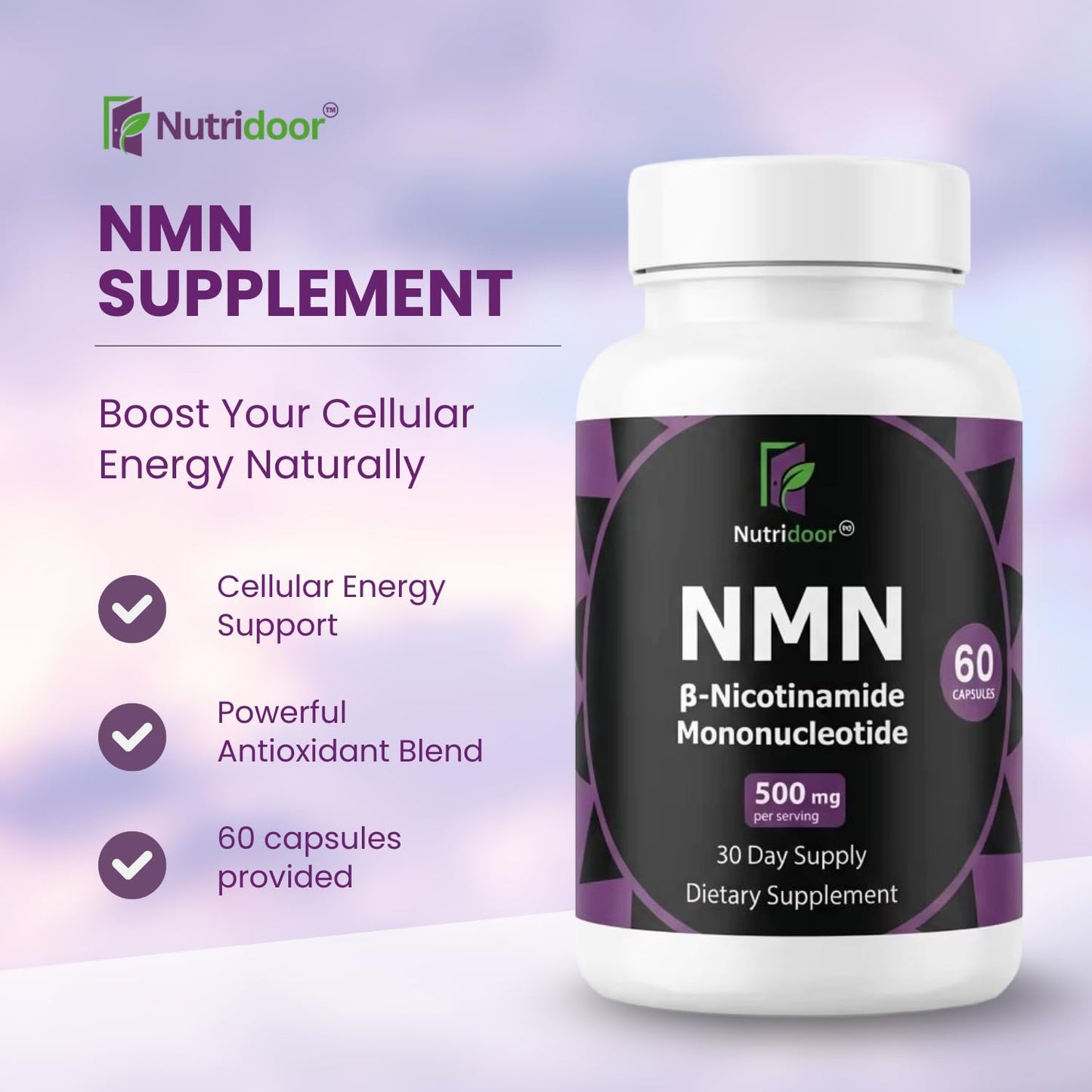 NUTRIDOOR NMN Supplement 500mg Nicotinamide Mononucleotide NAD+ Booster for Anti-Aging & Cellular Energy Capsule 60 Capsules