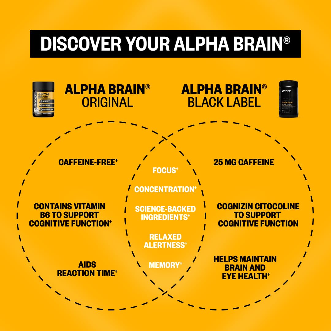ONNIT Cognitive Performance Bundle: Alpha Brain Nootropic Capsules (90 Count) + Alpha Brain Black Label Capsules (80 Count) — 170 Capsules