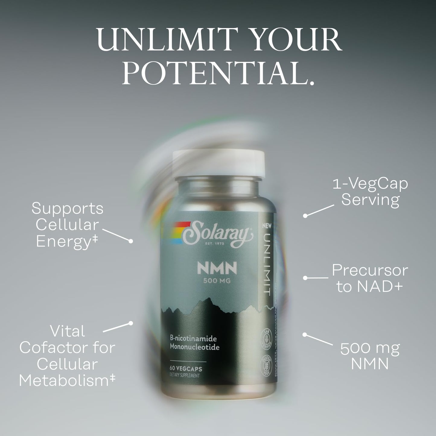 SOLARAY NMN Supplement 500 mg - Precursor to NAD Plus, Once Daily - Supports Longevity, Cellular Energy and Metabolism - Lab Verified, Non-GMO, Vegan - 60 Capsules