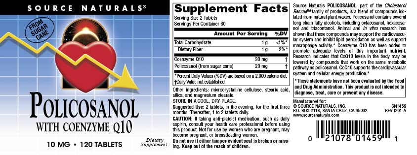 Source Naturals Policosanol with Coenzyme Q10, 10 mg, 120 Tablets