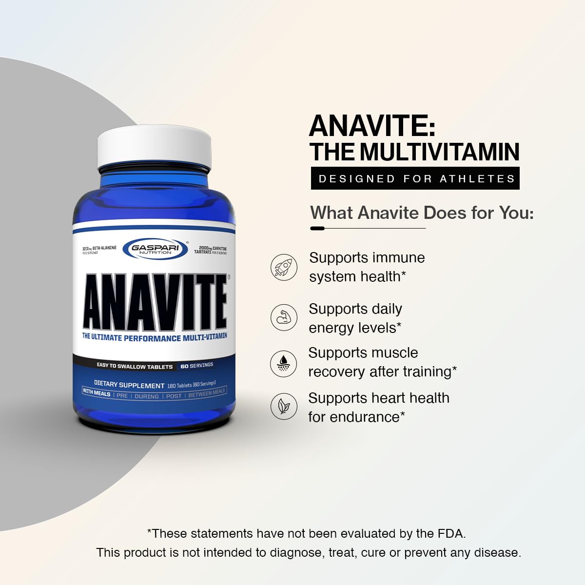 Gaspari Nutrition Anavite Sports Multi-Vitamin with Amino Acids, Beta-Alanine and L-Carnitine, Capsules, 180