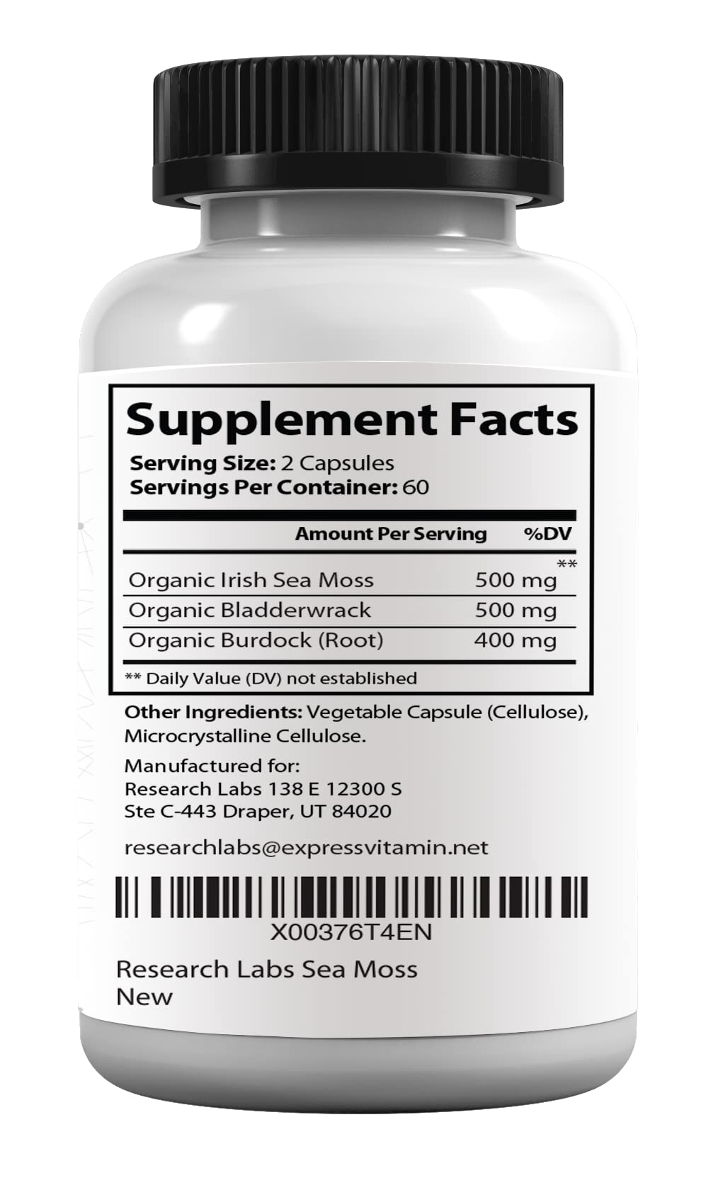 Research Labs 2 Fer 1 Ad Organic Irish Sea Moss Capsules, 240 Capsules, Thyroid Support, Raw Wildcrafted Seamoss with Bladderwrack & Burdock Root