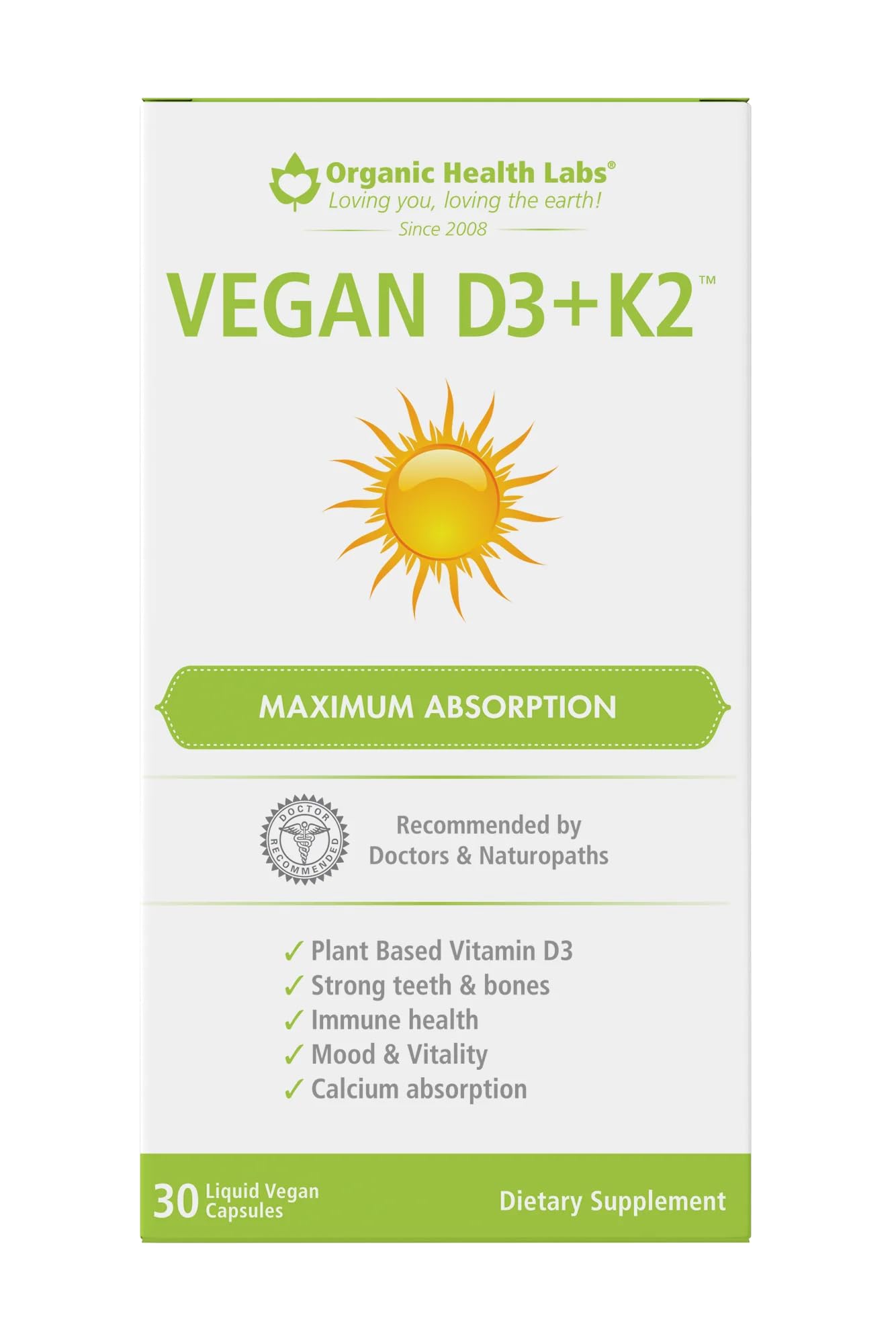 Organic Health Labs Vegan D3 + K2-30 Veg Caps Plant-Based Dietary Supplement 30 Capsules