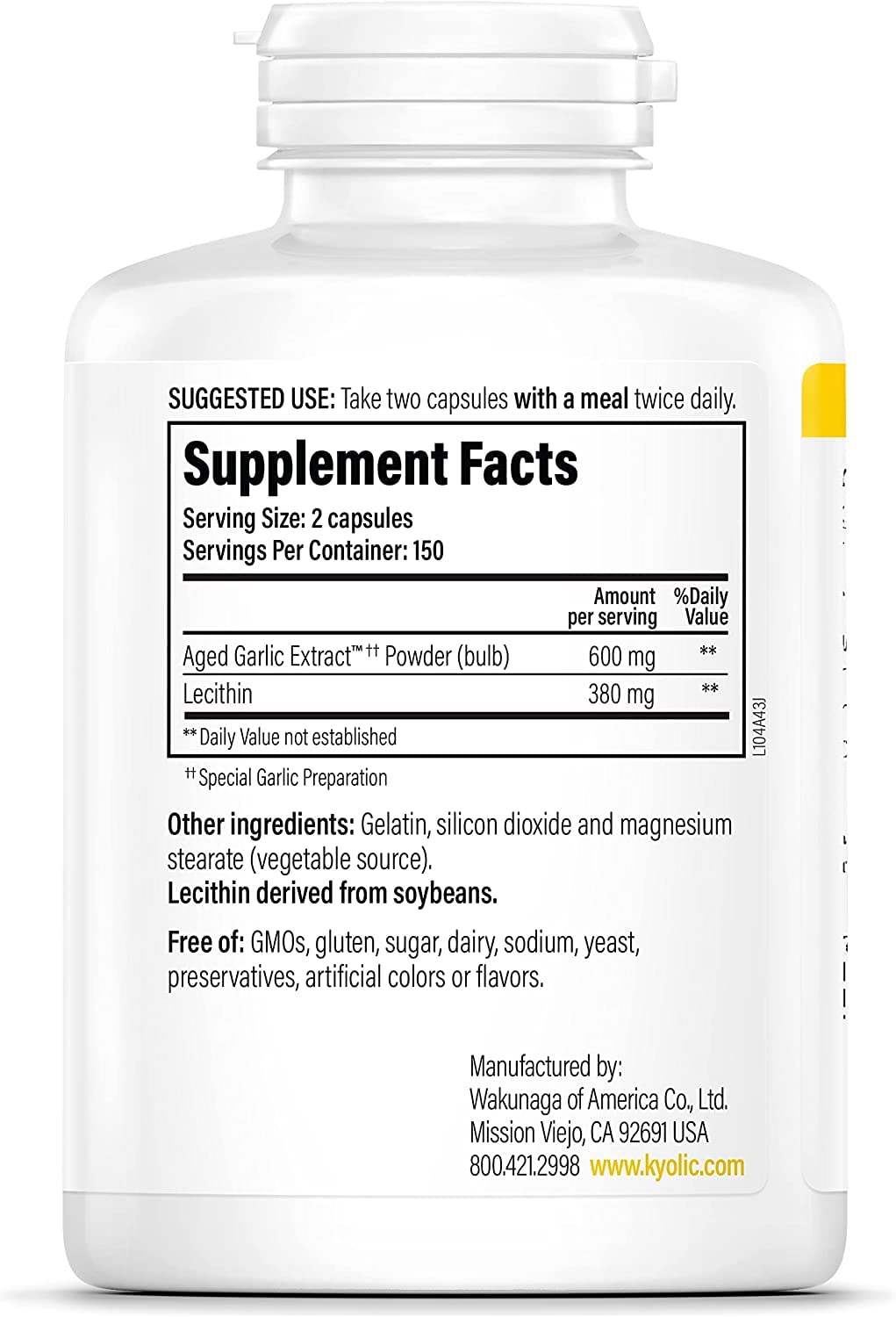 Kyolic #104 Garlic Extract With Lecithin Capsules, 600