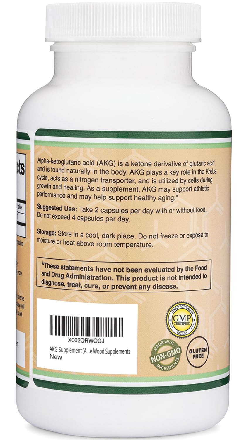 Double Wood Supplements AKG Supplement (Alpha Ketoglutaric Acid) 1000mg Per Serving, 180 Capsules