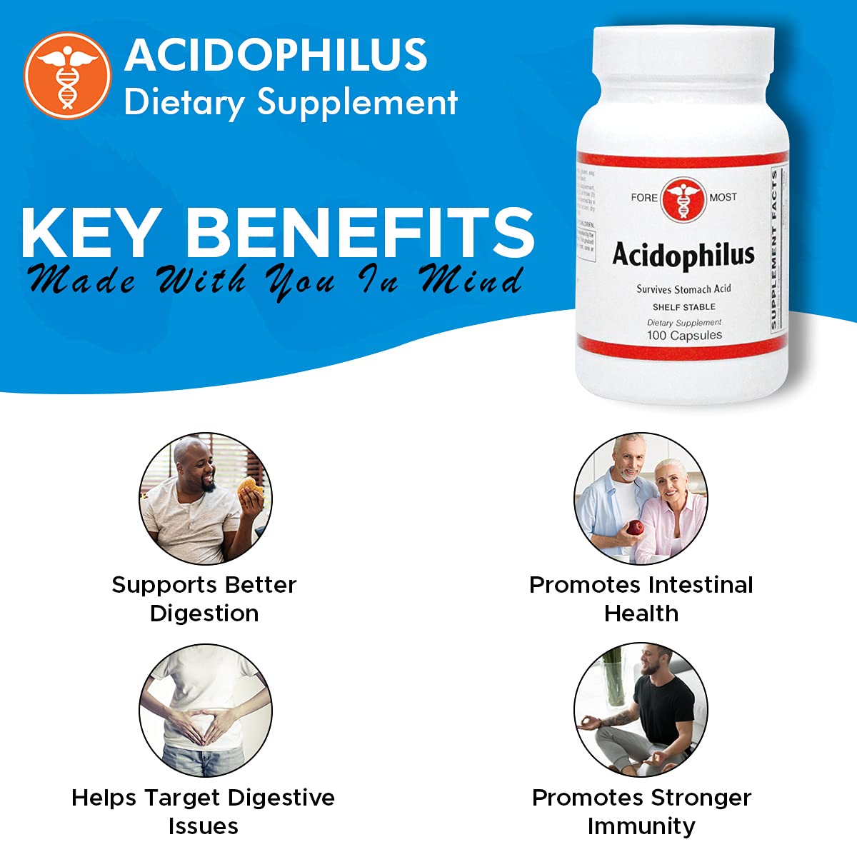 Holistic Health Acidophilus Probiotic Capsules, Probiotic Lactobacillus Blend Supplement for Promoting Intestinal Health, Stronger Immunity, and Enhanced Digestion, 100 Capsules