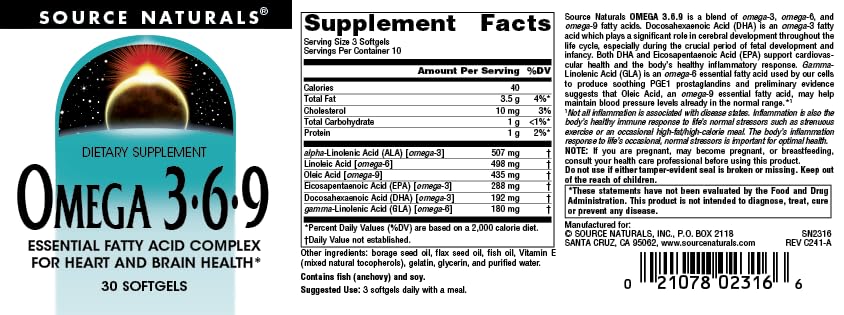 Source Naturals Omega 3-6-9 Essential Fatty Acid Complex for Heart and Brain Health 30 Softgels