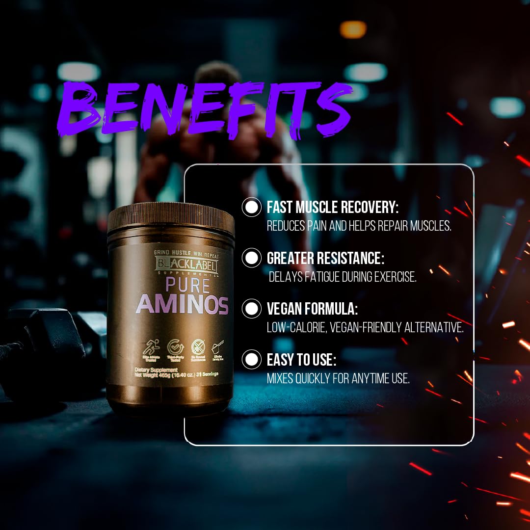 BLACKLABEL Supplements Pure AMINOS Essential Amino Acids Powder, Grape Crush, 16.4 oz