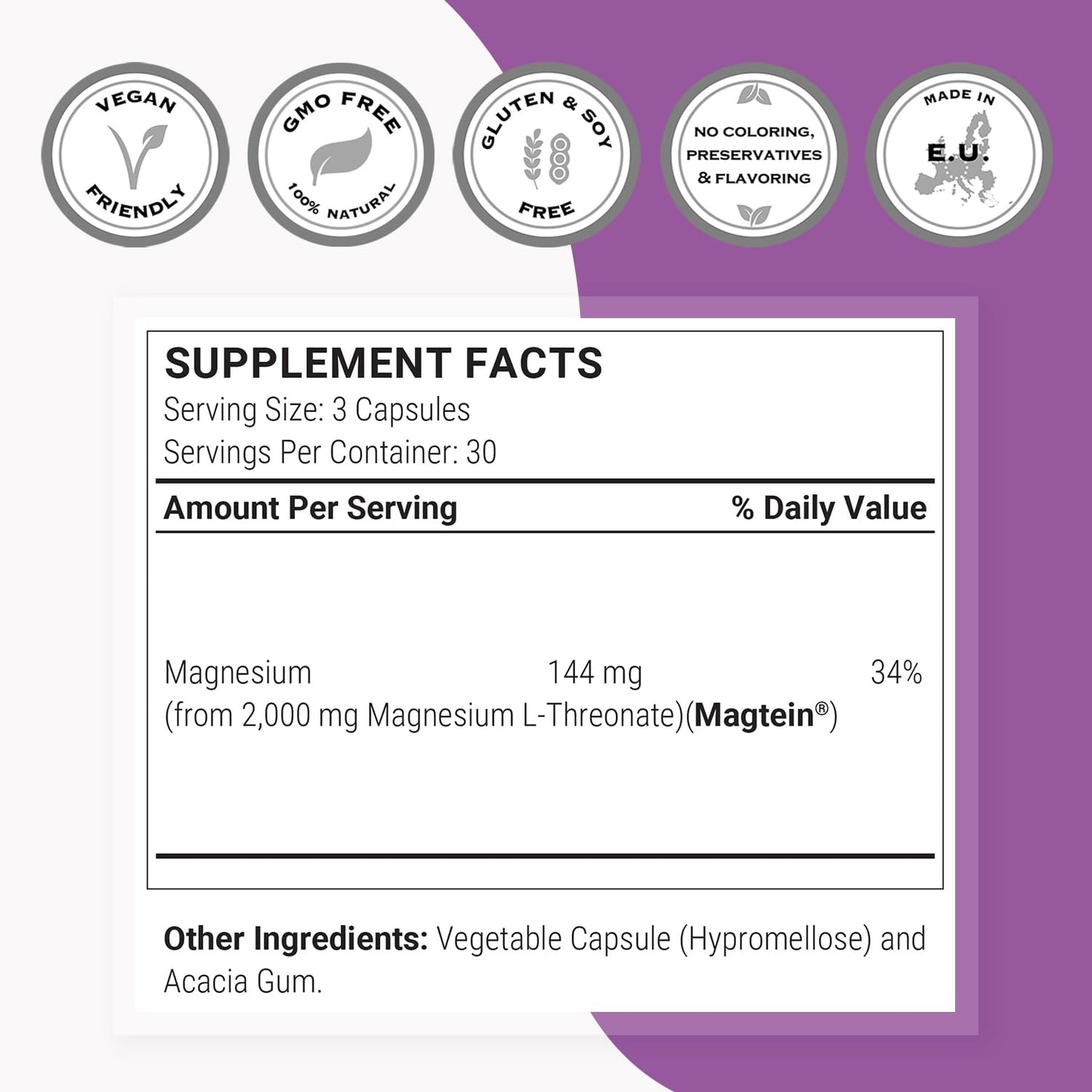 Supersmart Magnesium L-Threonate 2000mg per Day (Patented Magtein) Capsule, 120 Count