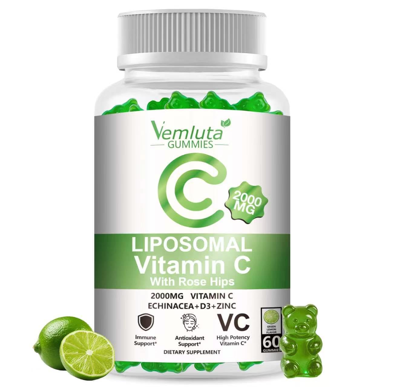 Vemluta Liposomal Vitamin C 2000mg Gummies Complex Rose Hips with D3 5000IU, Elderberry Echinacea, Iron & Zinc, Lemon Flavor, 60 Count