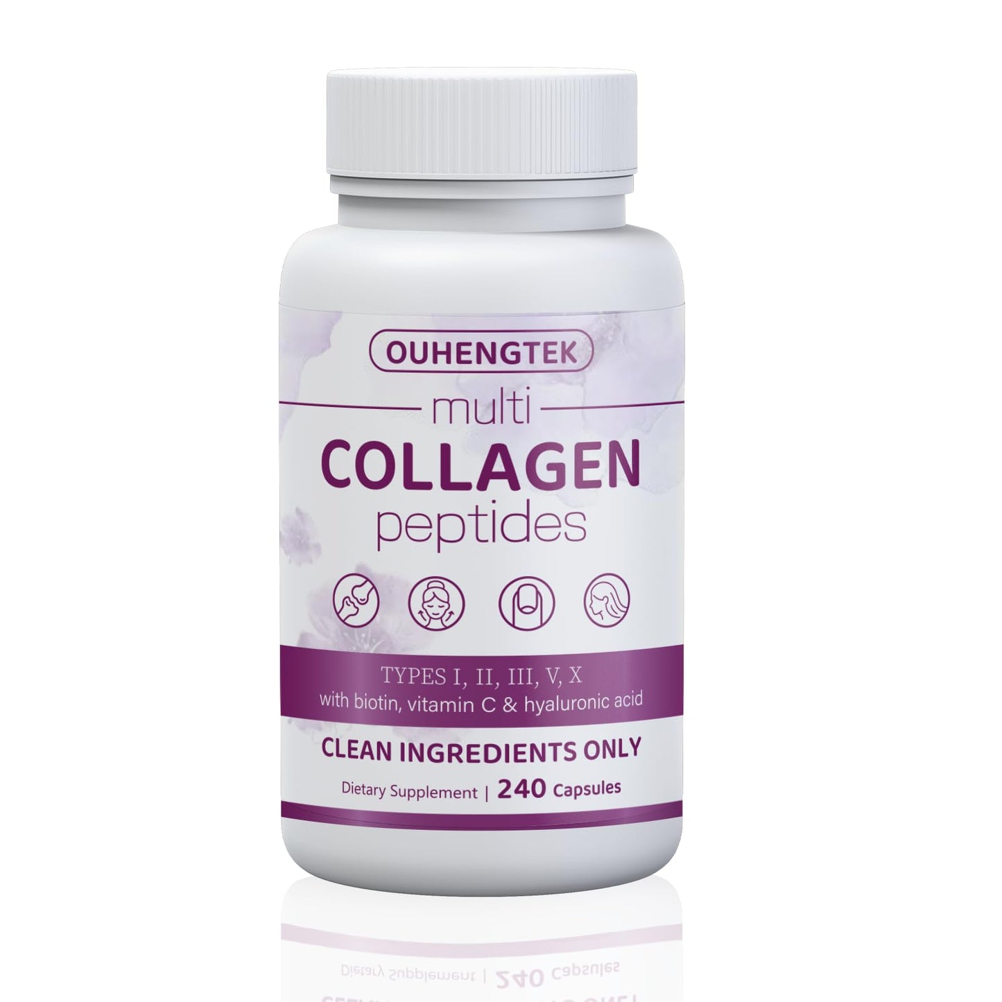 OUHENGTEK Hydrolyzed Collagen Peptides Capsules – Multi Collagen Types I, II, III, V, X with Biotin, Hyaluronic Acid & Vitamin C – Non-GMO, 240 Count