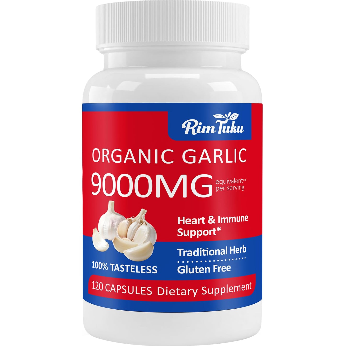 RimTuku Aged Garlic Extract Organic 9000mg Garlic Supplement Powder 30:1 Extract Formula with Alliin Purity 99%+, Selenium, Iron, Zinc, and Manganese Capsules, 120 Count