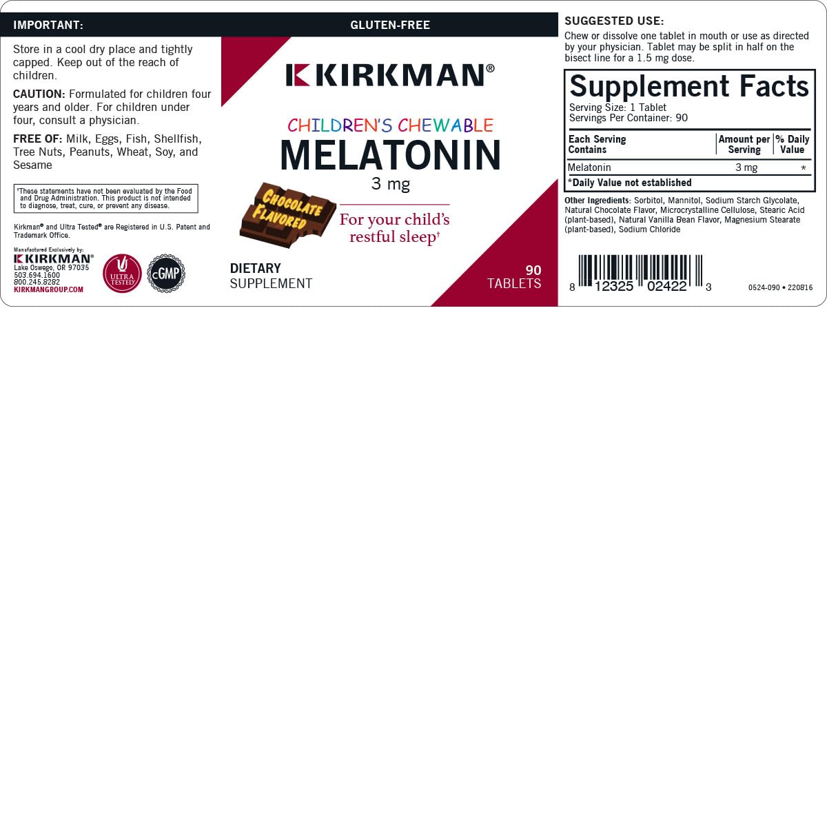 Kirkman Children’s Chewable Melatonin 3 mg Chocolate Tablets 90 Count