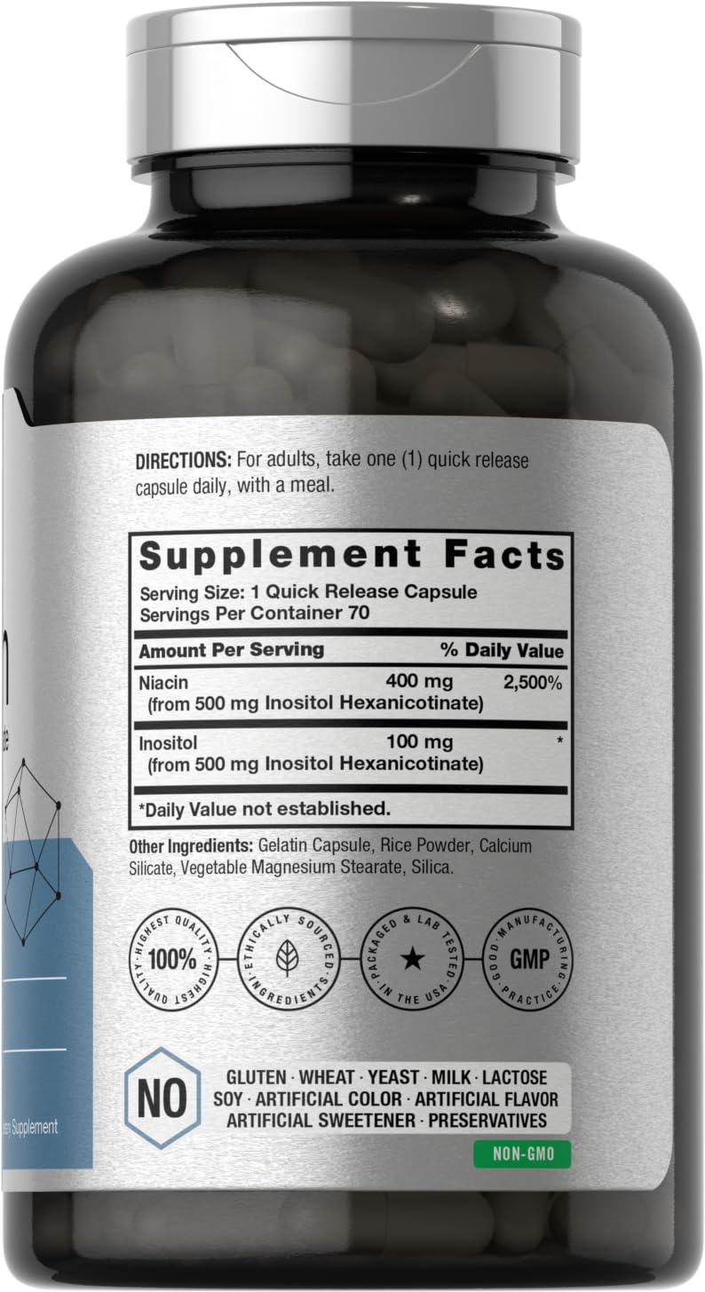 Horbäach Niacin 500mg Flush Free Vitamin B3 Inositol Hexanicotinate Capsule, 70 Count