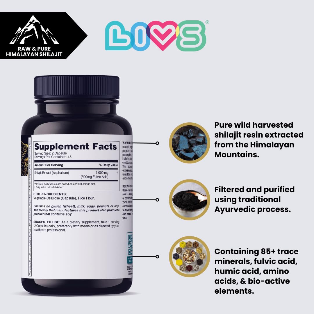 LIVS Himalayan Shilajit for Men 1000mg per Serving with 50% Fulvic Acid, 180 Capsules