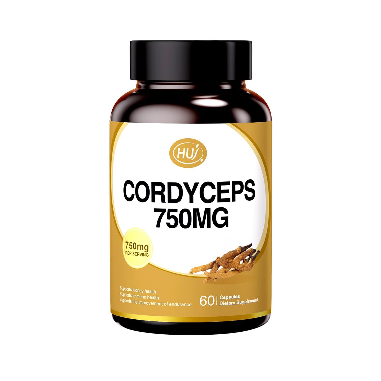 HUJ Cordyceps Mushroom Capsules - Cordyceps Supplement with Dual Mycelium - Kidney Health, Immune Health & Energy Support, 60 Capsules
