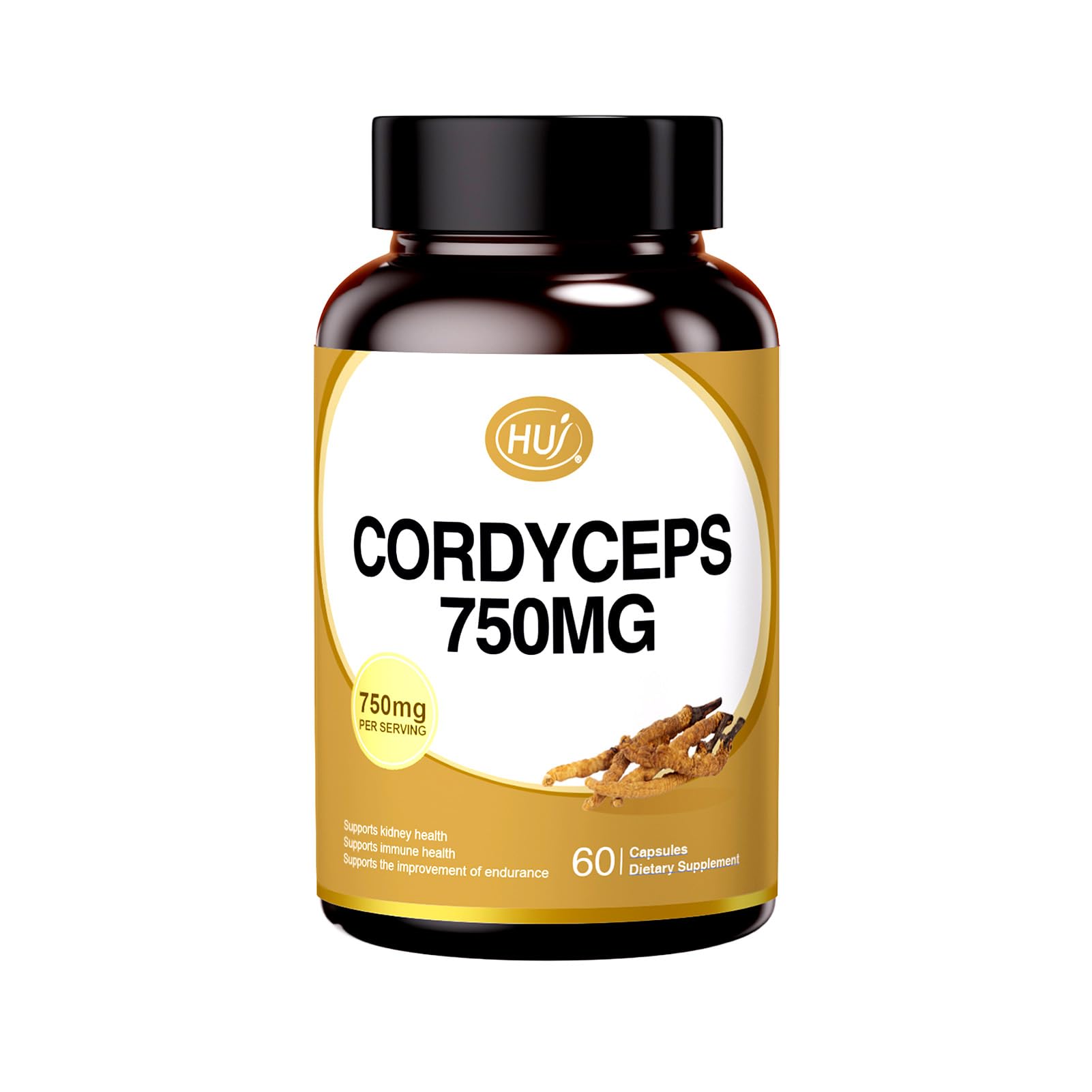 HUJ Cordyceps Mushroom Capsules - Cordyceps Supplement with Dual Mycelium - Kidney Health, Immune Health & Energy Support, 60 Capsules