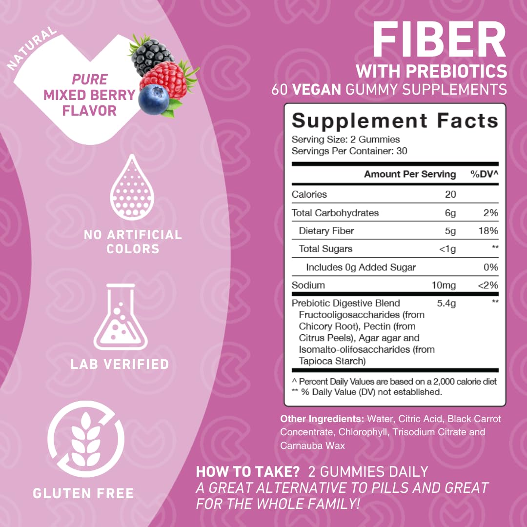 PUREFINITY Fiber Gummies for Adults with Inulin FOS from Chicory Root – 60 Count