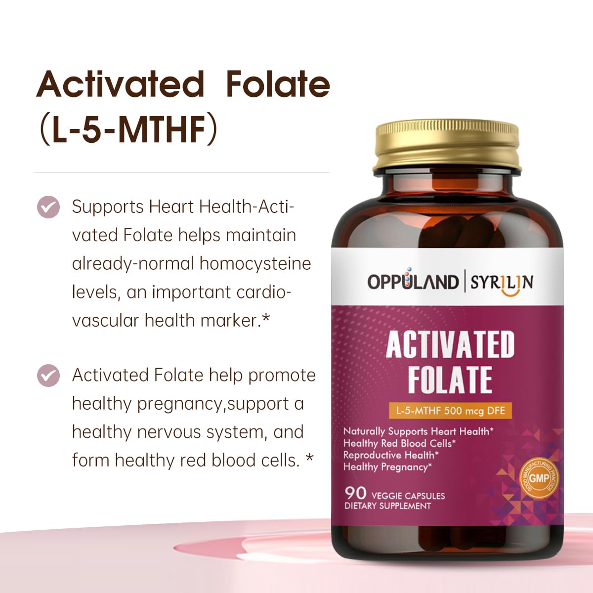oppuland Activated Folate-L 5-MTHF DFE Supplement - Methylfolate B9 MTHF with Vitamin B12, CoQ10, & Red Raspberry - Methylated L-Methylfolate for Men and Women - 500 mcg, 90 Capsules