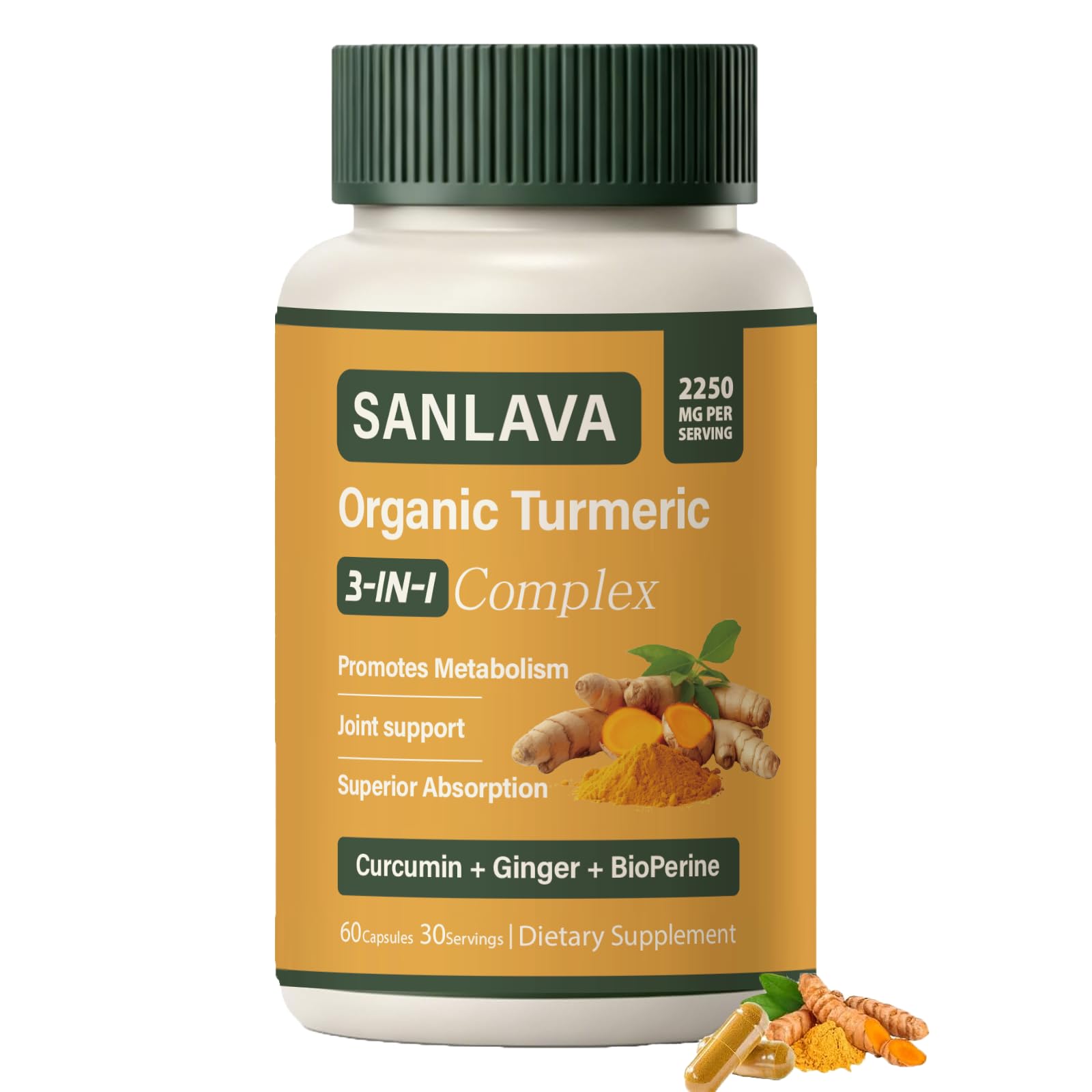 Sanlava Organic Turmeric 3 in 1, Organic Turmeric Complex Supplement 2250mg 60 Capsules
