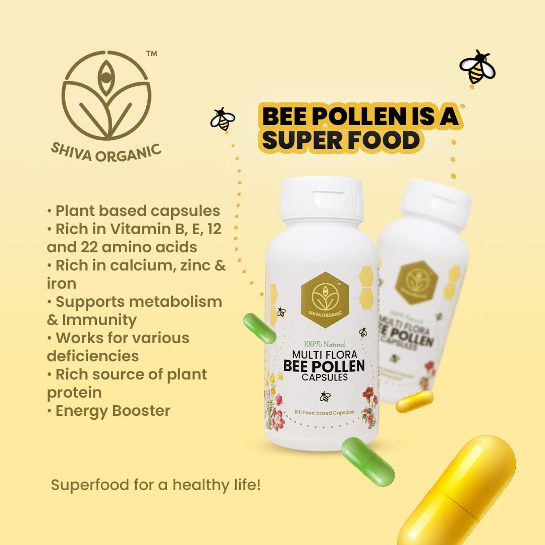 Shiva Organic Multi Flora Bee Pollen (500mg) Capsule, 100 Count