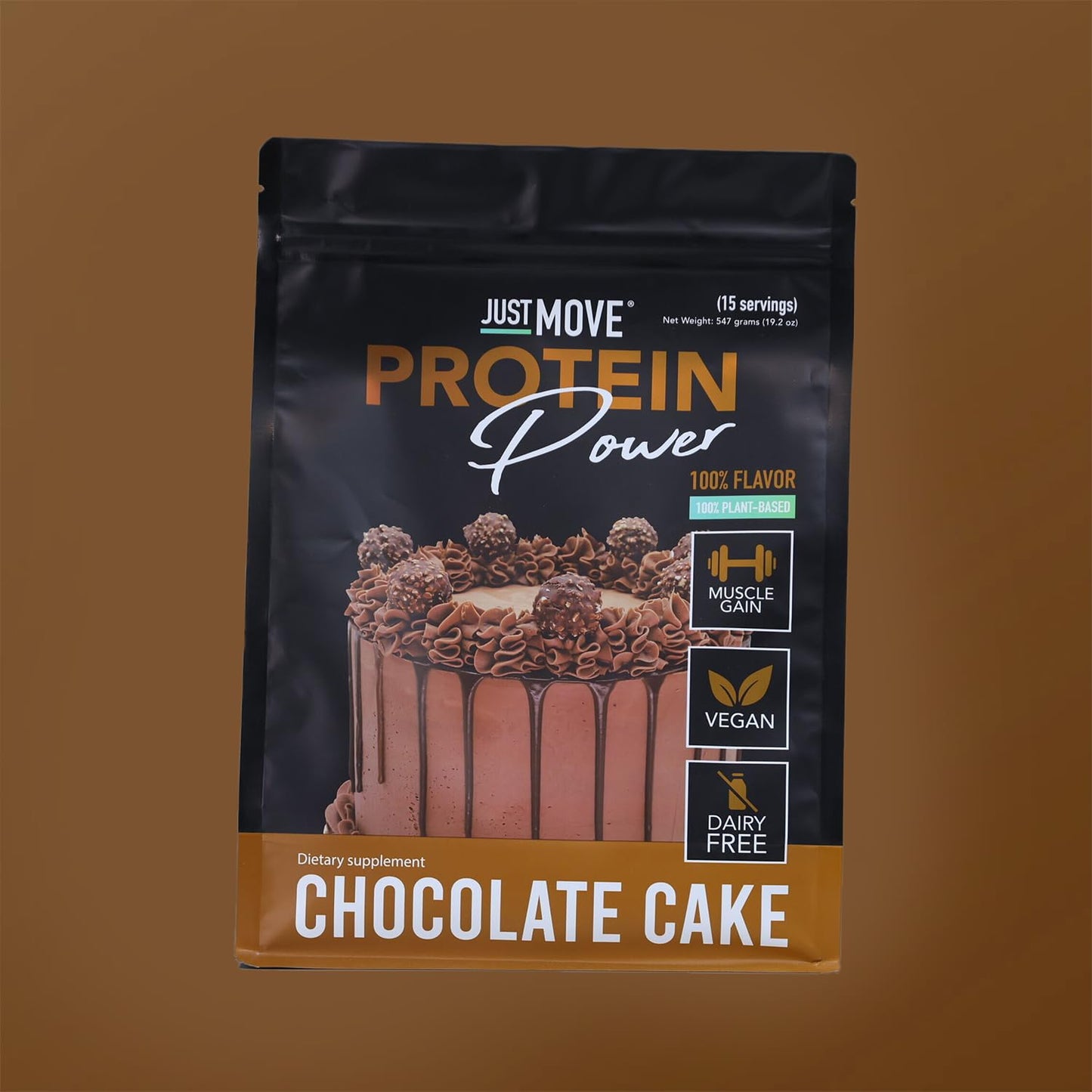 Just Move Protein Powder Chocolate Cake - Vegan (Plant Based), Organic, Dairy Free, Soy Free, Gluten Free, Keto, Peanut Free, 20g Protein, Low Carb, Non-GMO, 19.2 oz