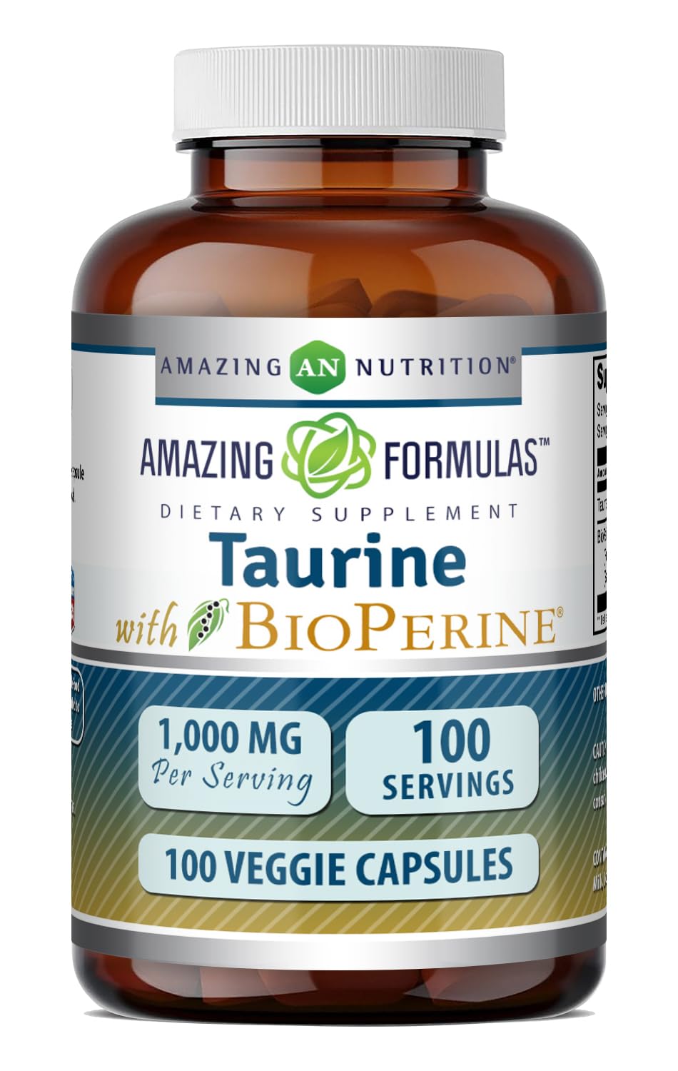 Amazing Nutrition Taurine with Bioperine 1000 Mg Capsules, 100 Count