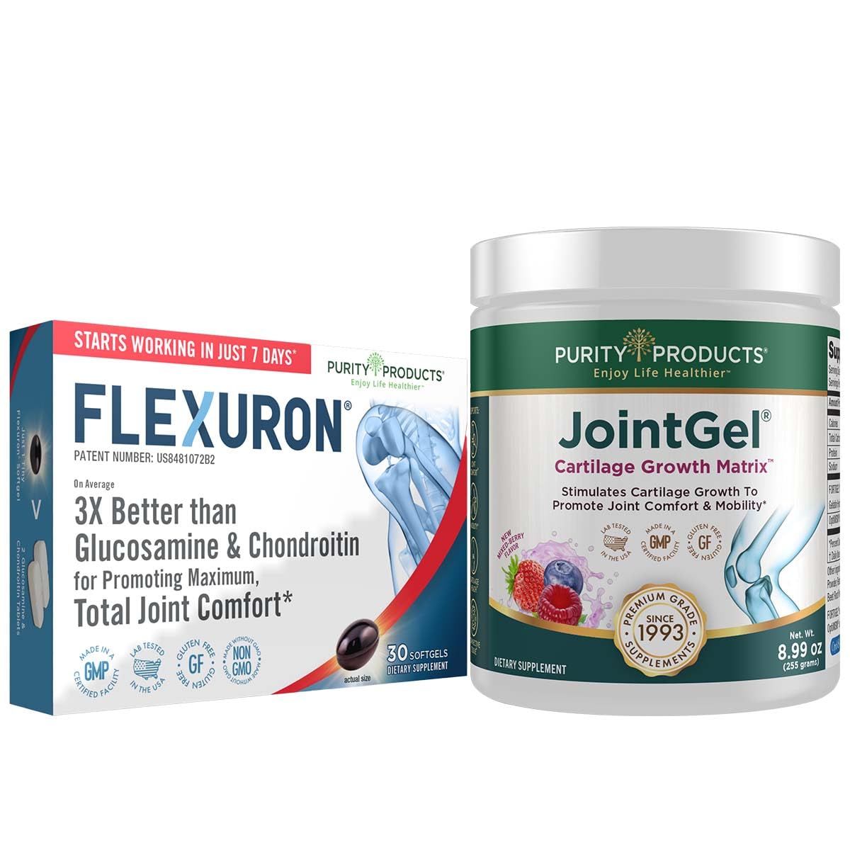 Purity Products Flexuron Joint Formula + Joint Gel Flexuron (Krill Oil, Low Molecular Weight Hyaluronic Acid, Astaxanthin) - Joint Gel Berry Powder (Bioactive Collagen Peptides + MSM) Gel, Powder 2