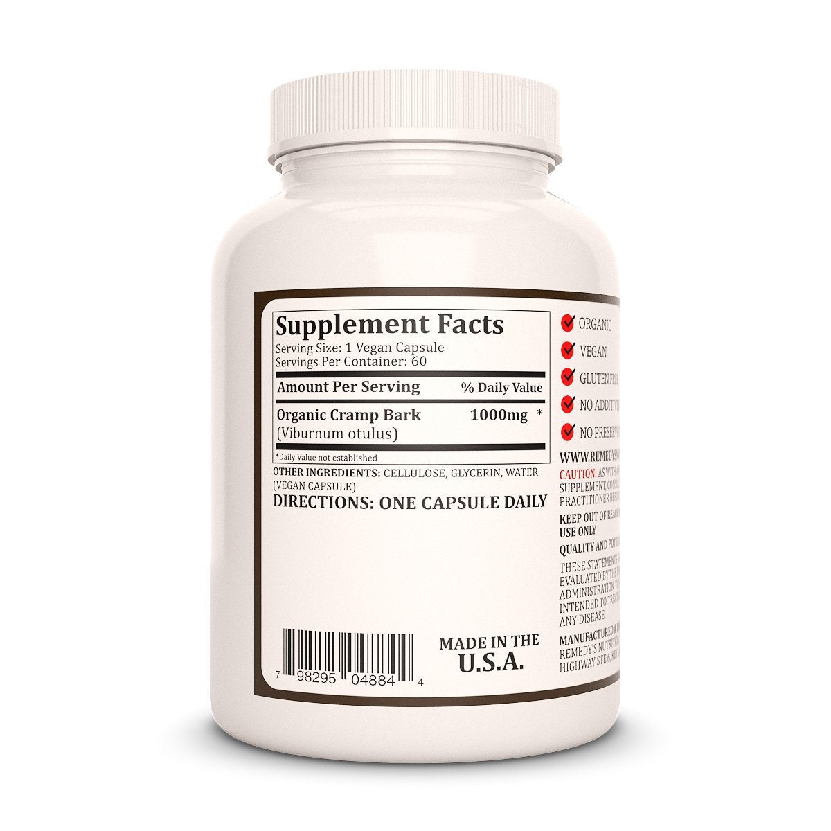 Remedy’s Nutrition Cramp Bark 1000 mg Capsules, 60 Count