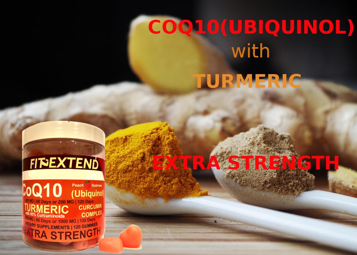 FIT EXTEND CoQ10 Ubiquinol & Turmeric Gummies 200mg CoQ10, 1000mg Turmeric, Peach, 120 Count