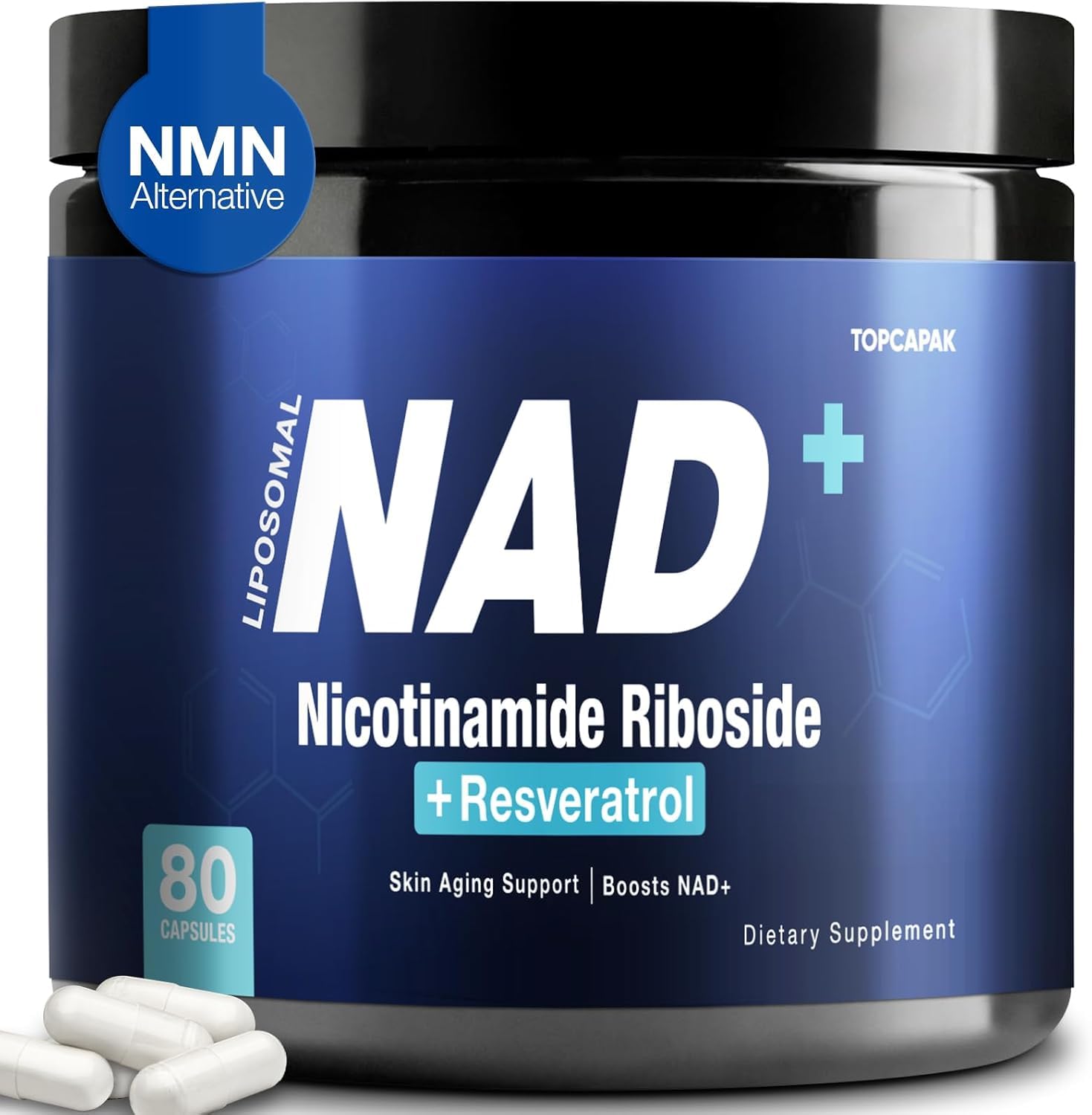 TOPCAPAK NAD+ Supplement - Nicotinamide Riboside & Resveratrol, Liposomal NAD+ 1000mg, 80 Capsules