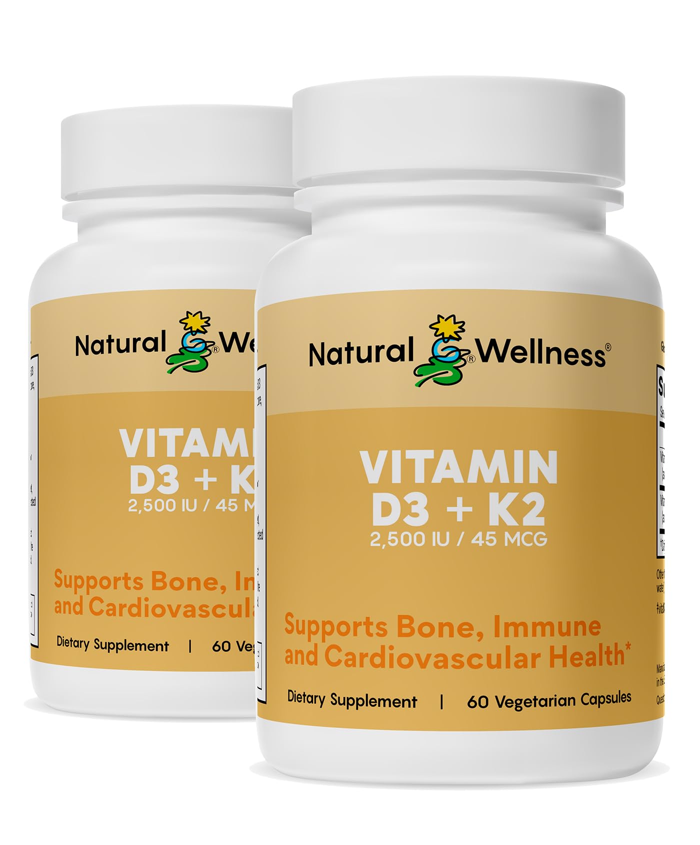 Natural Wellness Vitamin D3 + K2 High Potency Vitamin D3 2500 IU & K2 MK-7 45 mcg 120 Capsules