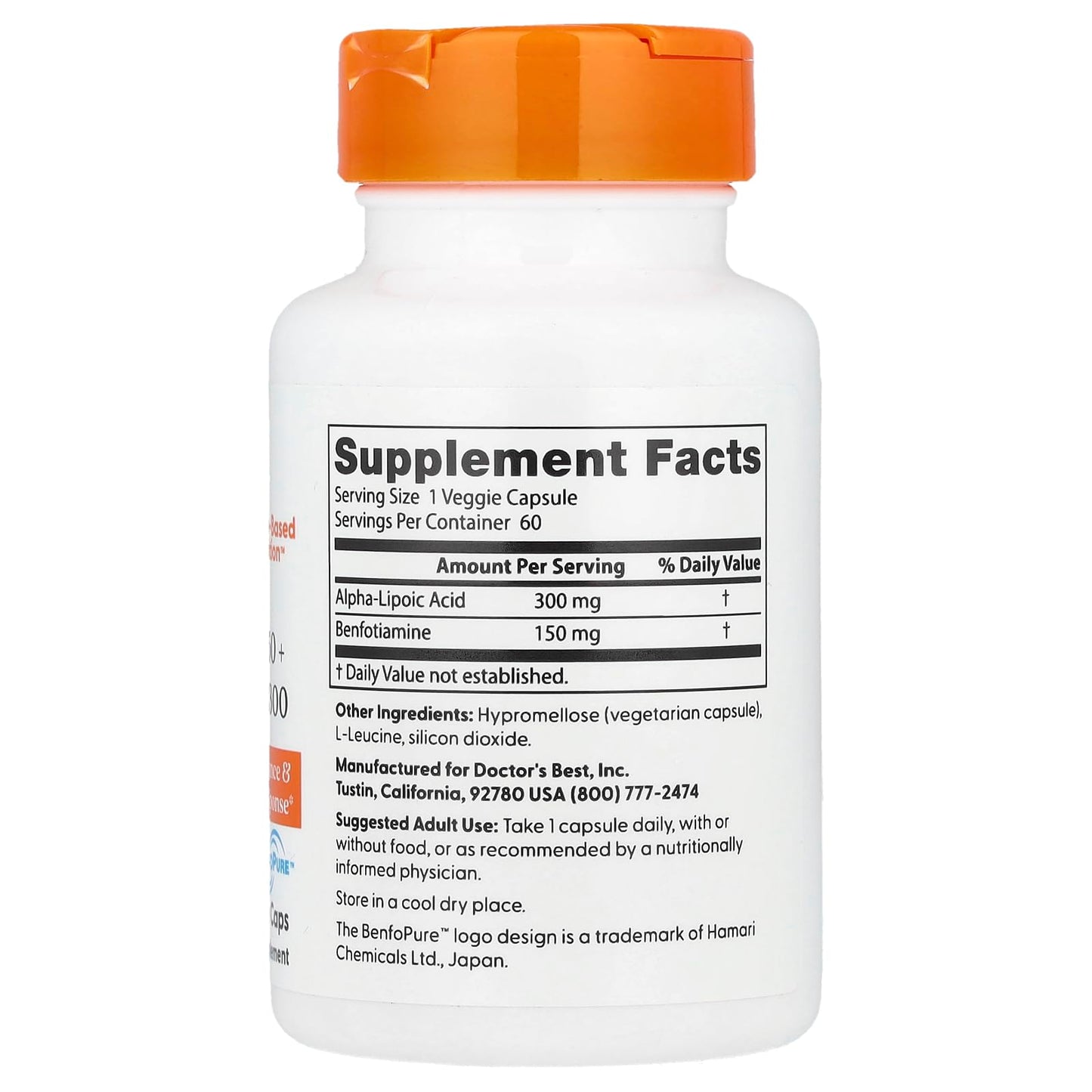 Doctor's Best Benfotiamine/Alpha Lipoic Acid 150 mg/300 mg Capsule, 60 Count