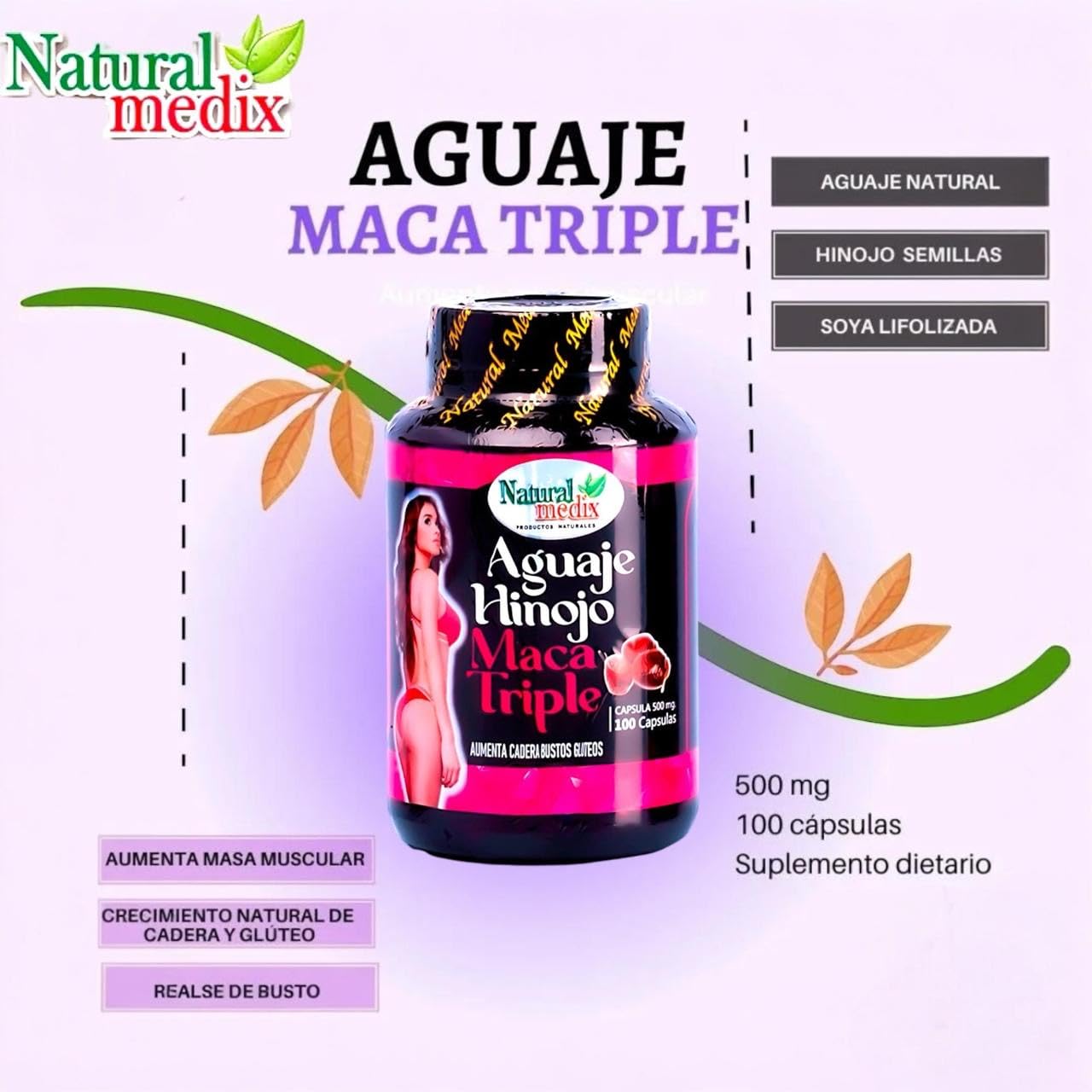Natural medix Aguaje Hinojo Maca Triple (Maca Root Supplement) Premium 100 Capsules