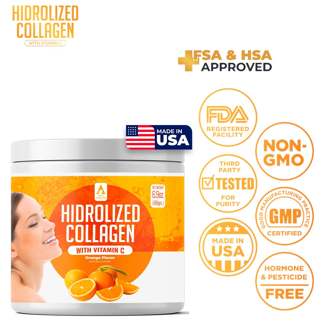 AV Orange Hydrolyzed Grass Fed Collagen with Vitamin C Powder 6.9 Ounce