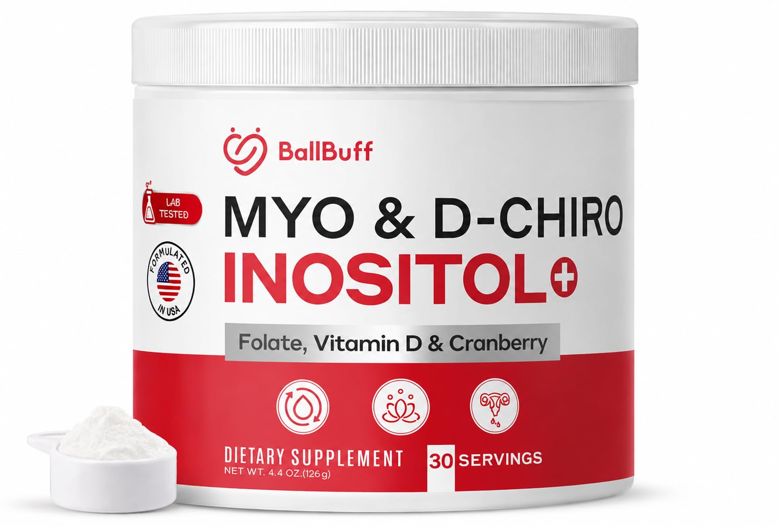 BallBuff Myo-Inositol & D-Chiro Inositol Powder - 40:1 Ratio with Folate, Vitamin D & Cranberry - Inositol Supplement for Women - 30 Day Supply, 4 Count