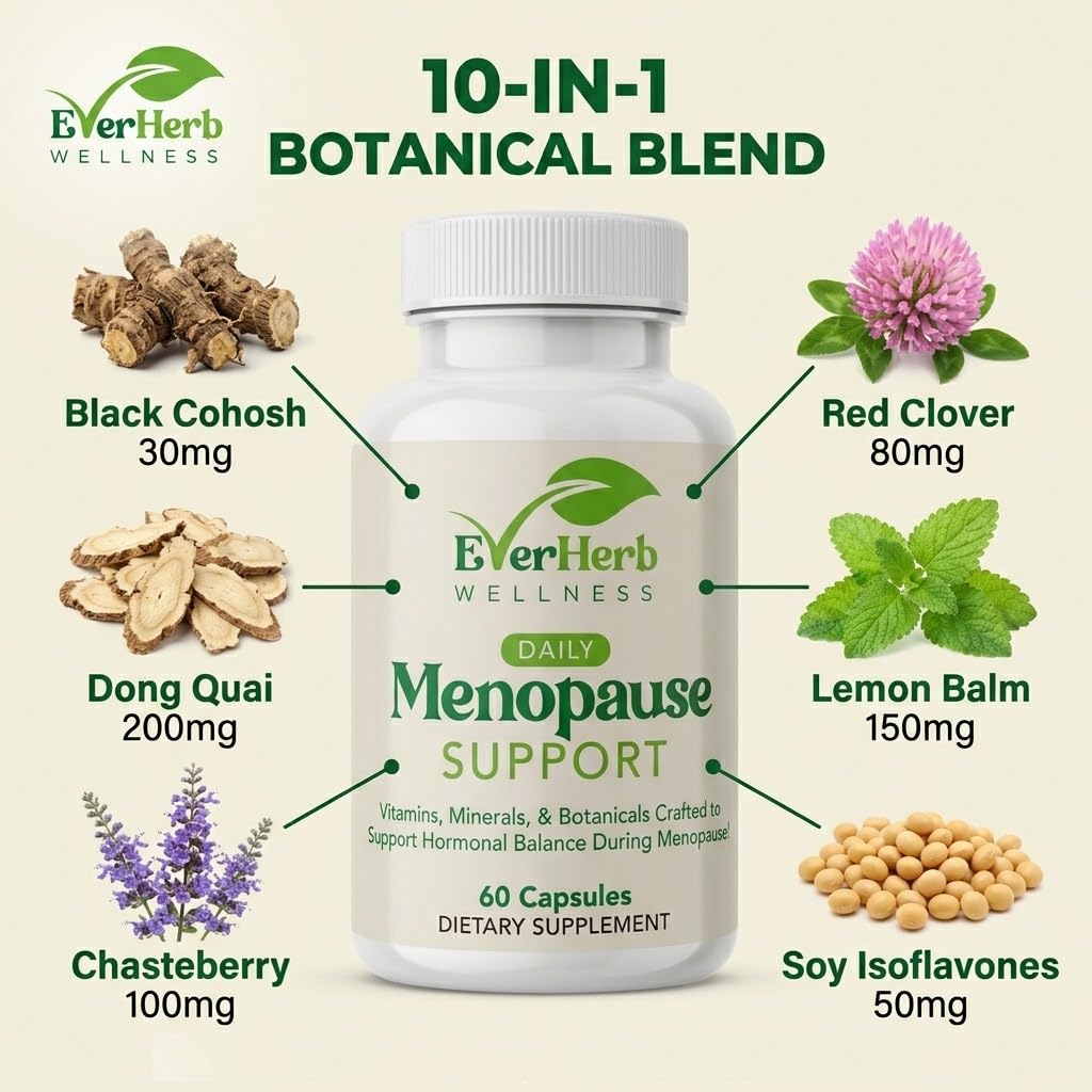 EverHerb Wellness Daily Menopause Supplement for Women - 10-in-1 Botanical Blend with Black Cohosh, Dong Quai, Vitex & Red Clover - Hot Flashes, Night Sweats, Mood & Sleep Support - 60 Capsules