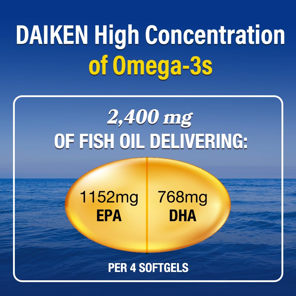 DAIKEN Mini Fish Oil 1200 mg, rTG Omega-3 1000 mg Softgels, 60 Count