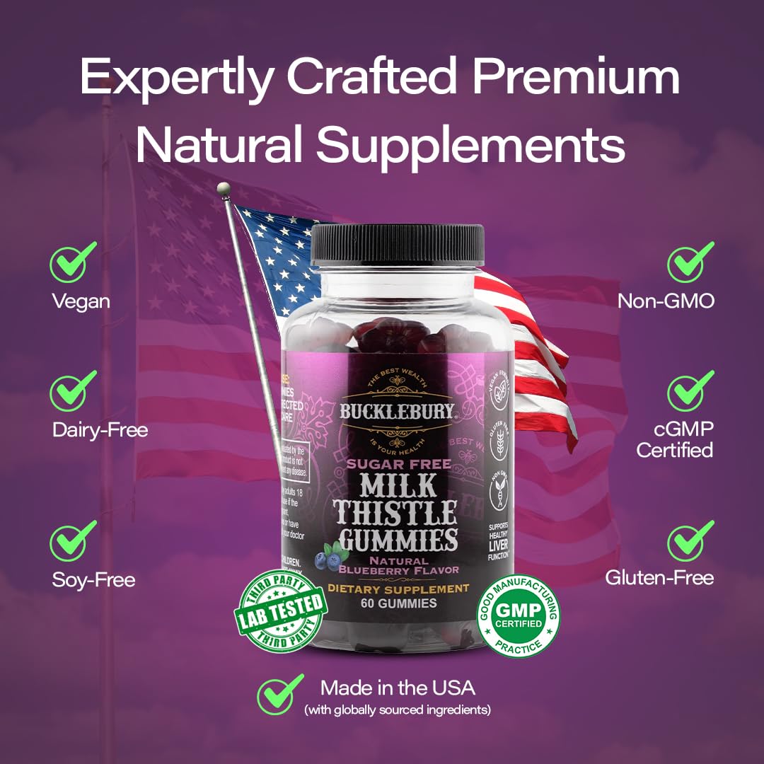 BUCKLEBURY Sugar-Free Milk Thistle Gummies 1000mg with Natural Blueberry Flavor Gummy, 1 Count