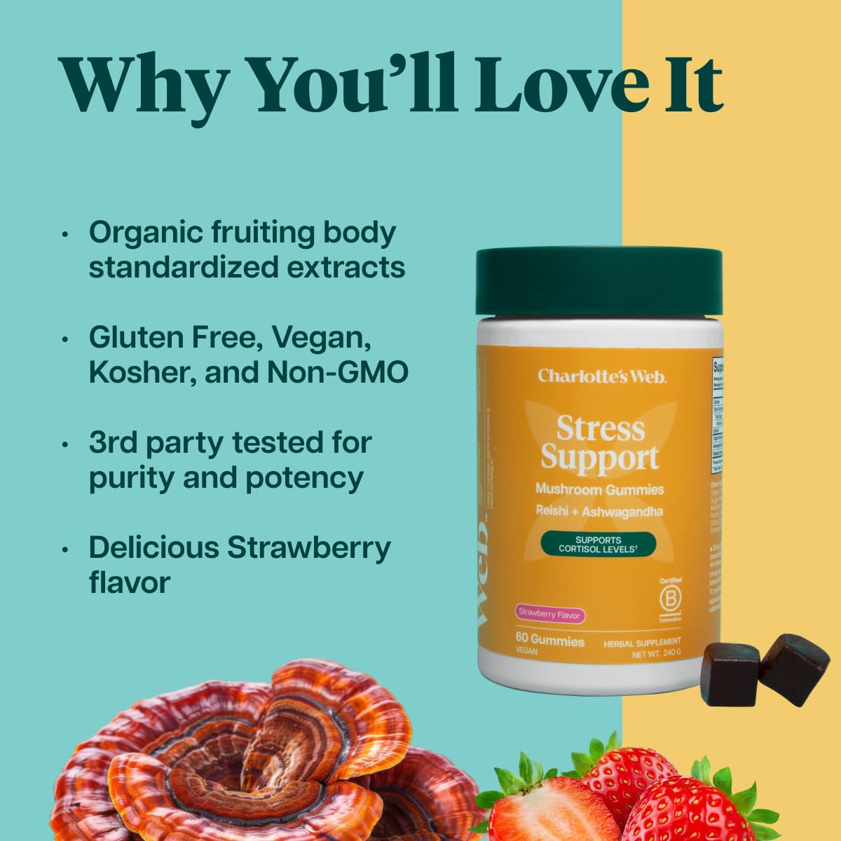 Charlotte's Web Stress Support Mushroom Gummies with Reishi, Ashwagandha, Rhodiola Rosea, 30 Servings